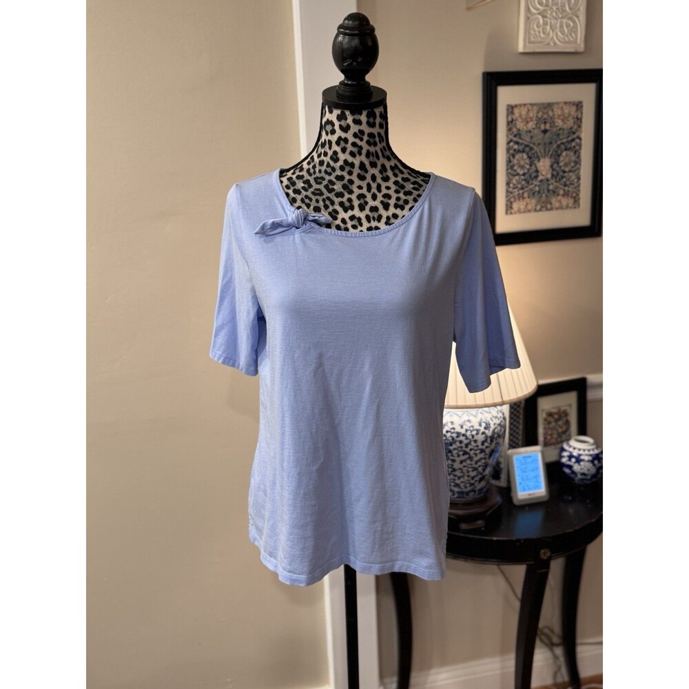 Talbots Sz L Blue Cotton Knit Tee Short Bow Tie Collar Classic Preppy Cottage